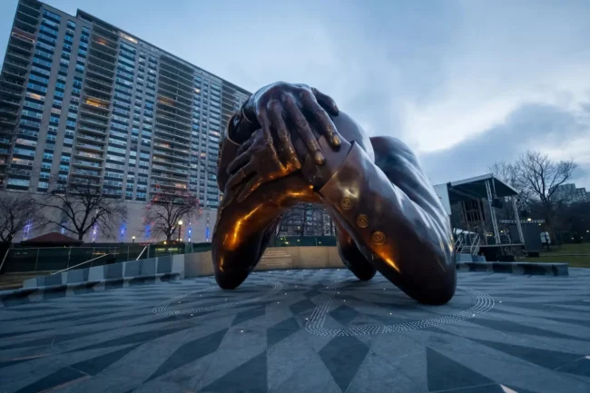 The Embrace sculpture.