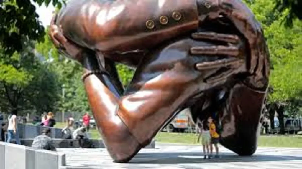 A large outdoor sculpture called 'the embrace'